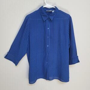 Joanna Button Down Shirt Womens L Blue Black Check Plaid  3/4 Sleeve Casual